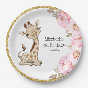 Waterverf Floral Baby Giraffe Peony Birthday Pape Papieren Bordje