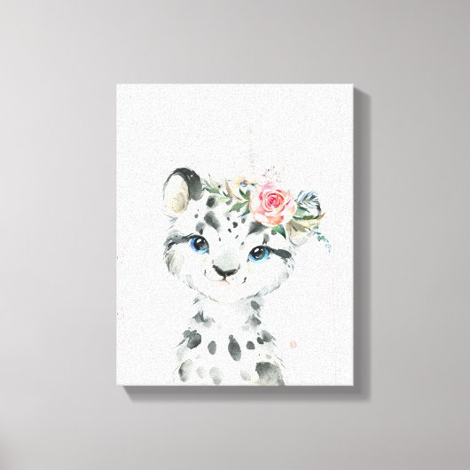 Waterverf Floral Baby Snow Leopard Canvas Afdruk (Voorkant)