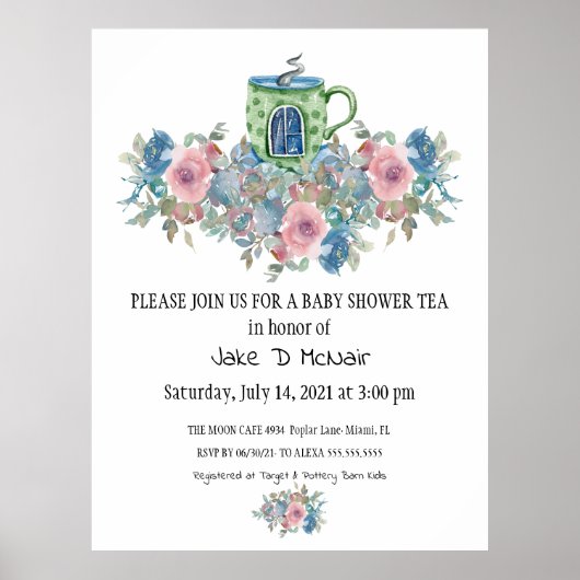Waterverf Floral Baby Tea Party Invitation Poster (Voorkant)