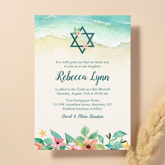 Waterverf Floral Beach Bat Mitzvah Kaart