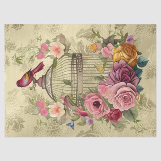 Waterverf Floral Bird Cage Gold Decoupage Tissuepapier (Voorkant)