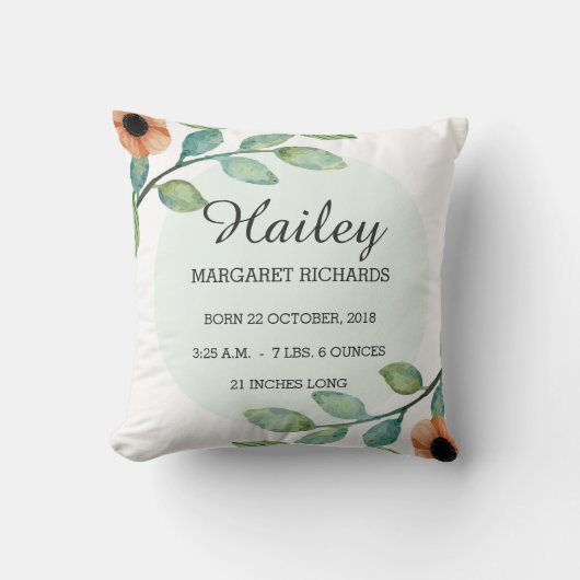 Waterverf Floral Birth Stats Announounge Pillow Kussen (Voorkant)