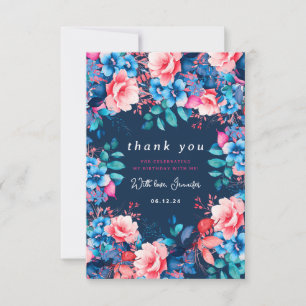 Waterverf Floral Birthday Dank u tafel Navy Bedankkaart