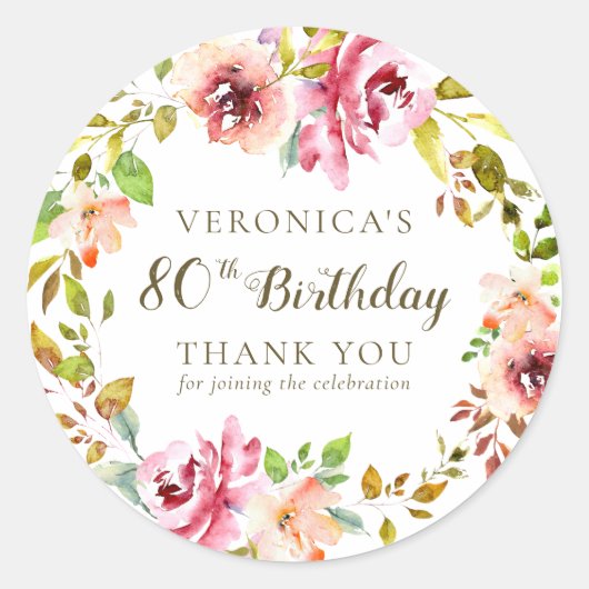 Waterverf Floral Birthday Hartelijk dank Ronde Sticker (Voorkant)