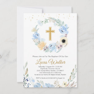 Waterverf Floral Blue Baptism Invitation Kaart