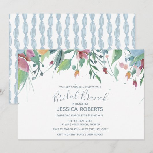 Waterverf Floral Blue Bridal Brunch Party Kaart (Voorkant / Achterkant)