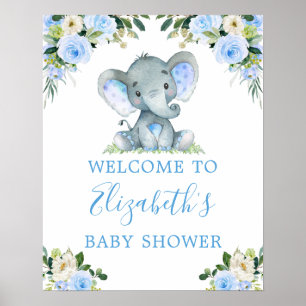 Waterverf Floral Blue Elephant Baby shower Poster