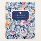 Waterverf Floral Blue Logo Modern Monogram Planner (Voorkant)