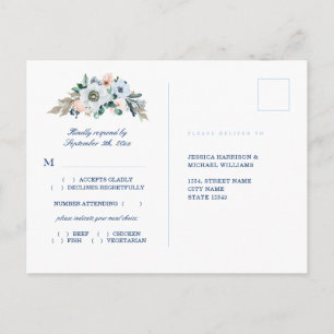 Waterverf Floral Blue Stripes Beach Wedding RSVP Briefkaart