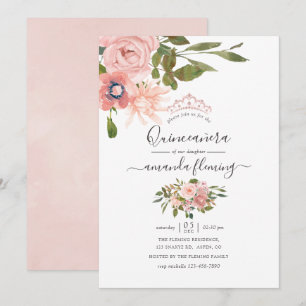 Waterverf floral Blush en Roos Gold Quinceañera Kaart