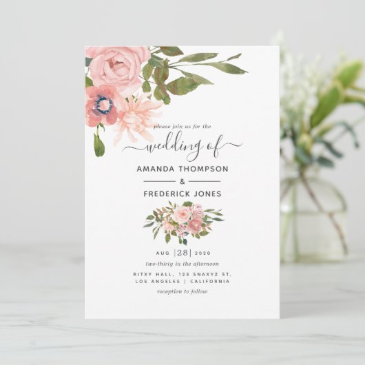 Waterverf floral Blush en Roos Gold Wedding Kaart (Staand voorkant)