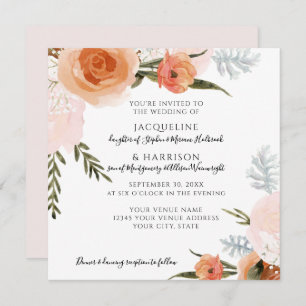 Waterverf Floral Blush Peach Grey Foliage Weddensc Kaart