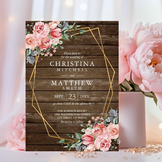 Waterverf Floral Blush Pink Rustic Gold Wedding Kaart