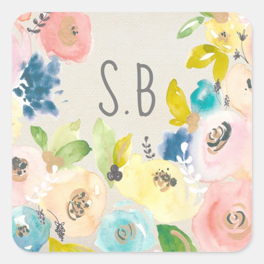Waterverf Floral Book Bord Monogram Ex Libris Vierkante Sticker (Voorkant)