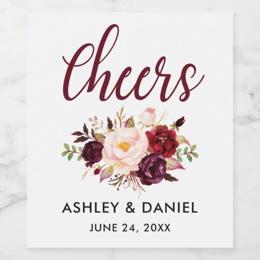 Waterverf Floral Bourgondië bruiloft gejuich Wijn Etiket (Enkel label)