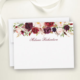 Waterverf Floral Bourgondië gepersonaliseerd Notitiekaartje