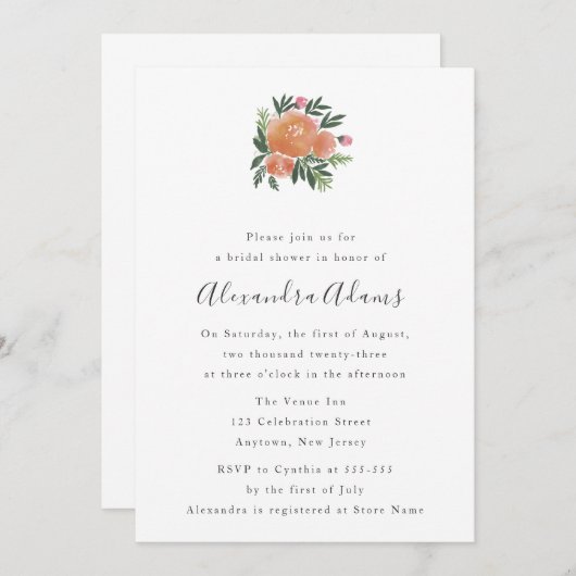 Waterverf Floral Bridal Shower Invitations Kaart (Voorkant / Achterkant)