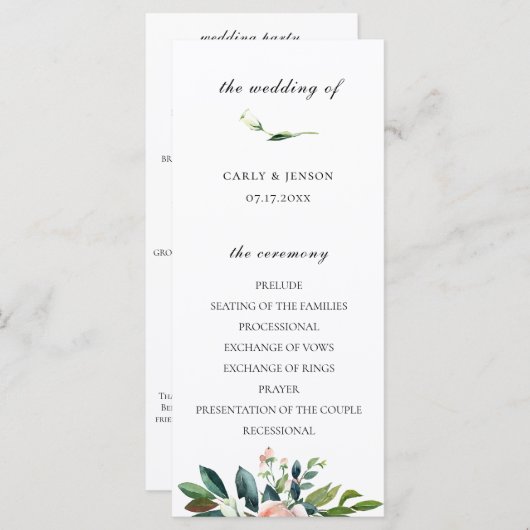 Waterverf Floral bruiloft programma (Voorkant / Achterkant)
