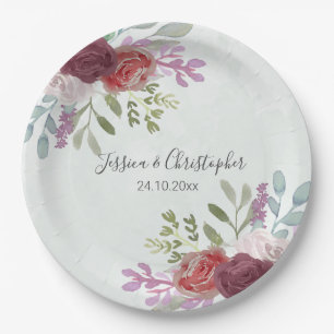 Waterverf Floral bruiloft van de rotsvaste Bourgog Papieren Bordje