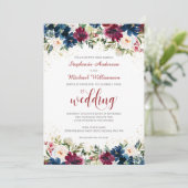 Waterverf Floral bruiloft van Navy Burgundy Kaart (Staand voorkant)