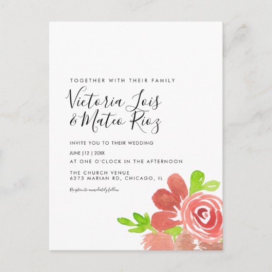 Waterverf Floral Bunch Blush Pink Wedding Briefkaart (Voorkant)