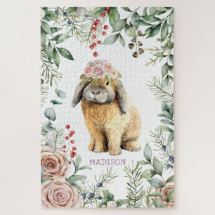 Waterverf Floral Bunny Rabbit Persoonlijke naam Legpuzzel