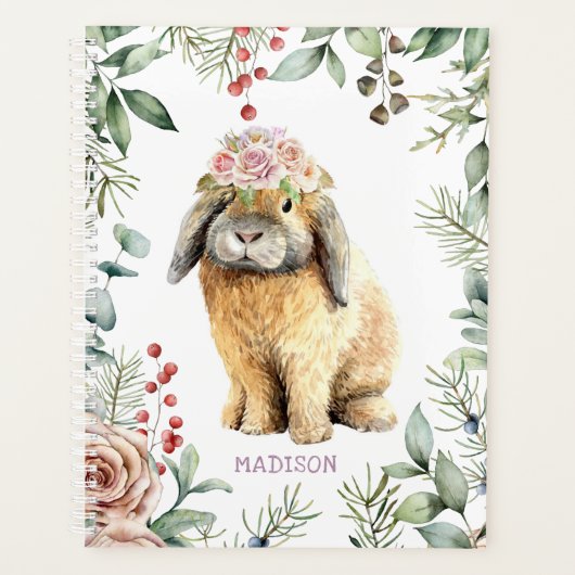 Waterverf Floral Bunny Rabbit Persoonlijke naam Planner (Voorkant)