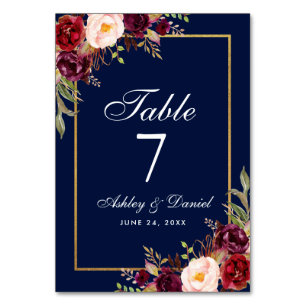 Waterverf Floral Burgundy Blue Gold Wedding Kaart