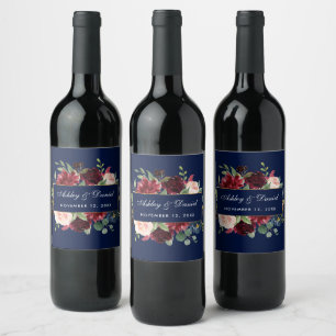 Waterverf Floral Burgundy Blue Gold Wedding Wijn Etiket