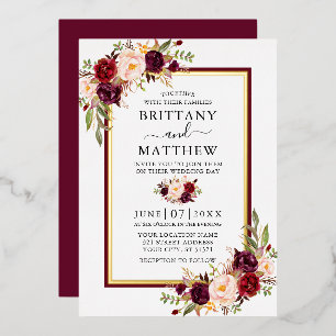 Waterverf Floral Burgundy en Gold Folie Uitnodiging