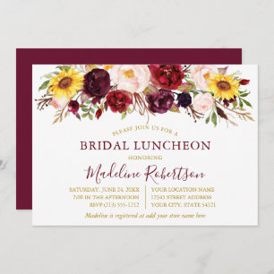Waterverf Floral Burgundy Gold Bridal Lunch Kaart