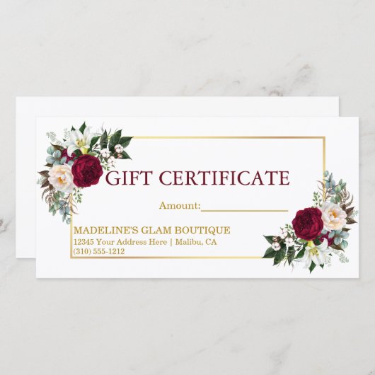 Waterverf Floral Burgundy Gold Gift Certificate (Voorkant / Achterkant)