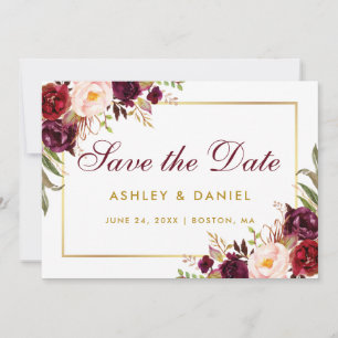Waterverf Floral Burgundy Gold redt datum B Save The Date