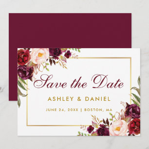 Waterverf Floral Burgundy Gold redt datum BG Save The Date