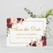 Waterverf Floral Burgundy Gold redt de datum GB Save The Date (Staand voorkant)