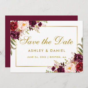 Waterverf Floral Burgundy Gold redt de datum GB Save The Date