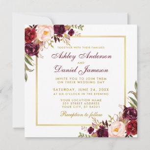 Waterverf Floral Burgundy Gold Wedding Kaart SB