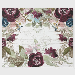 Waterverf Floral Burgundy in Navy Script Decoupage Cadeaupapier