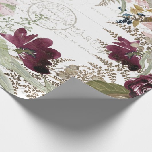 Waterverf Floral Burgundy in Navy Script Decoupage Cadeaupapier (Hoek)