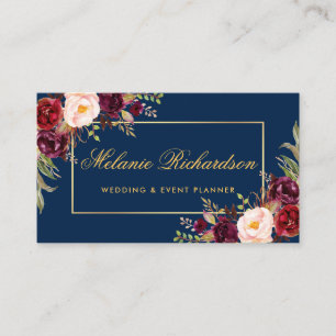 Waterverf Floral Burgundy Marsala Blue Gold Visitekaartje