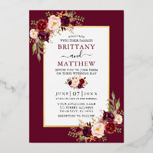 Waterverf Floral Burgundy Wedding Gold Foil Folie Uitnodiging