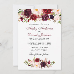 Waterverf Floral Burgundy Wedding Invitation BG Kaart