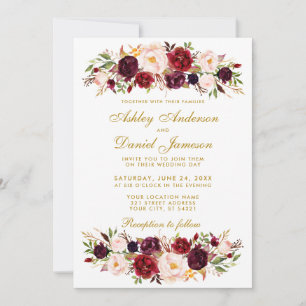 Waterverf Floral Burgundy Wedding Invitation WG Kaart