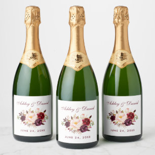 Waterverf Floral Burgundy Wedding Sparkling Wijnetiket