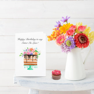 Waterverf Floral Cake Birthday Zuster-in-Law Feestdagen Kaart