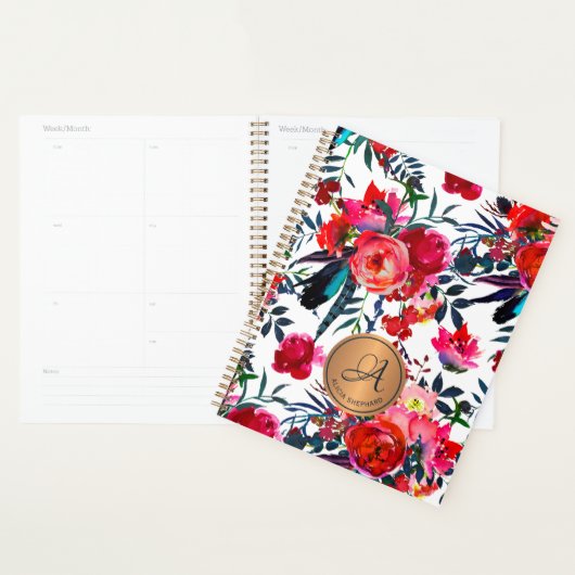 Waterverf Floral Copper Monogram Red Navy Planner (Display)