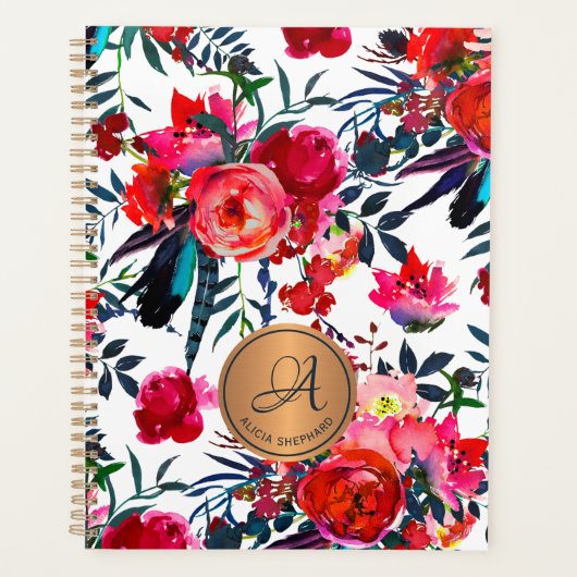 Waterverf Floral Copper Monogram Red Navy Planner (Voorkant)