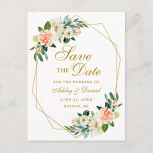 Waterverf Floral Coral Gold Lijst Save the Date Aankondigingskaart