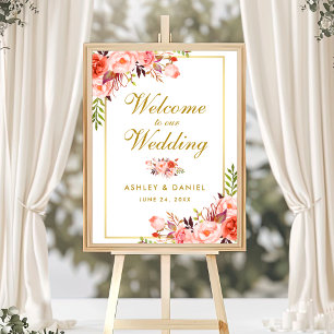 Waterverf Floral Coral Gold Wedding Welkom Poster