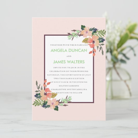 Waterverf Floral Corner Wedding Kaart (Staand voorkant)